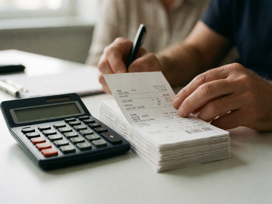 Black calculator and stack of invoices on a white table with hands reviewing documents in natural light