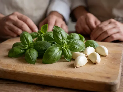 Green basil leaves and garlic cloves on a wooden board with hands in the background under natural light