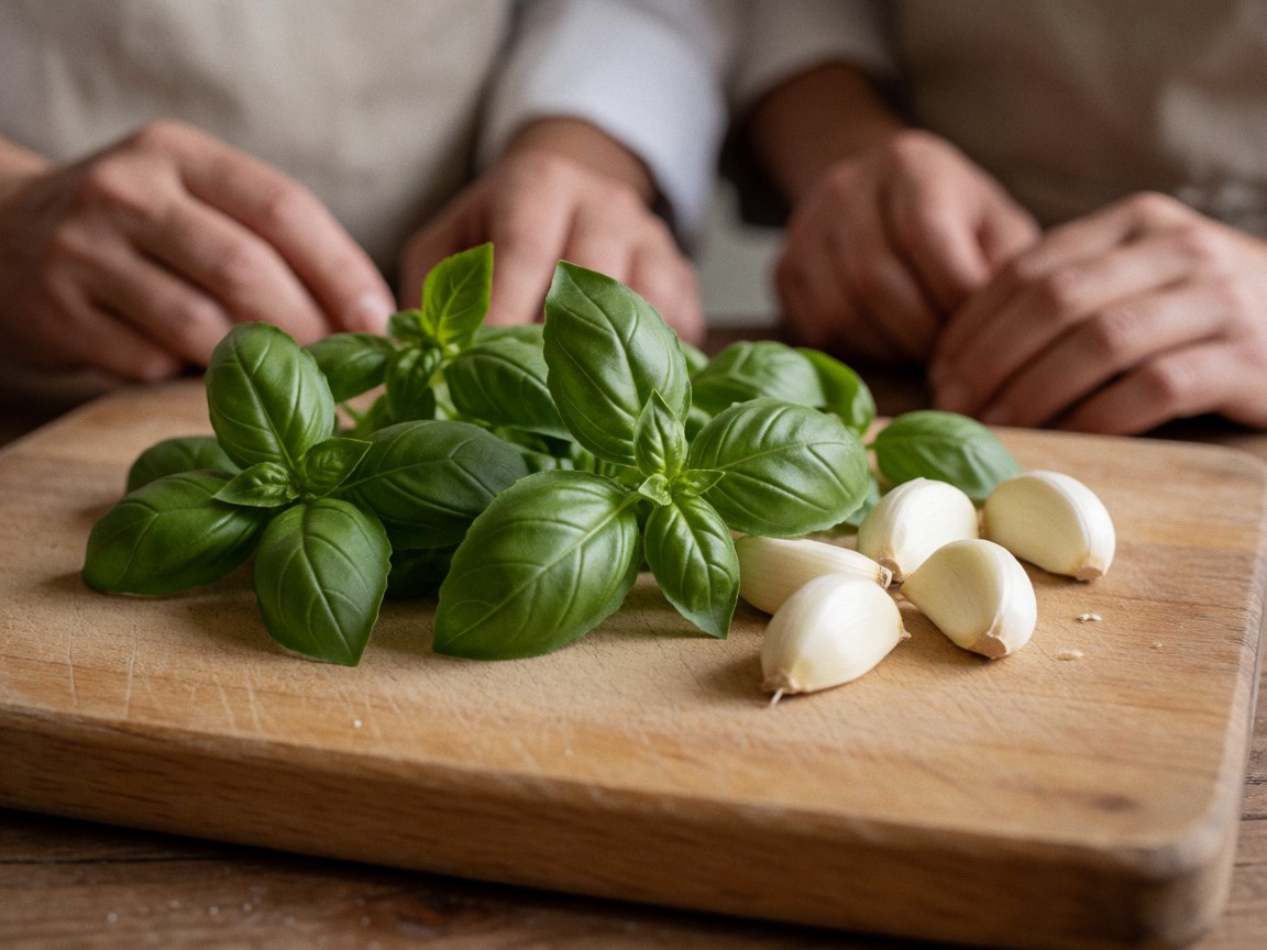 Green basil leaves and garlic cloves on a wooden board with hands in the background under natural light