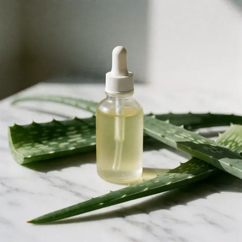 Organic facial serum bottle with dropper surrounded by fresh aloe vera leaves on white marble surface