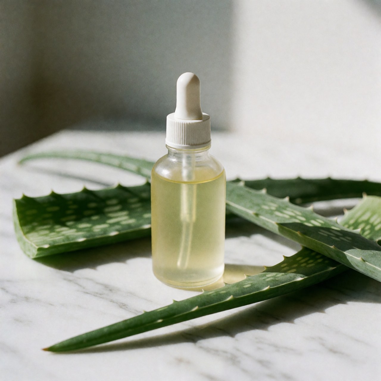 Organic facial serum bottle with dropper surrounded by fresh aloe vera leaves on white marble surface