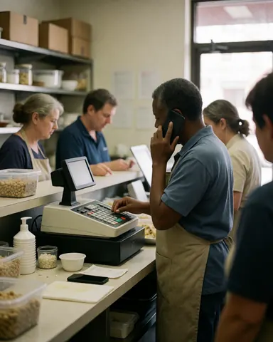Restaurant owner operating a cash register while talking on a cell phone with staff working in the background