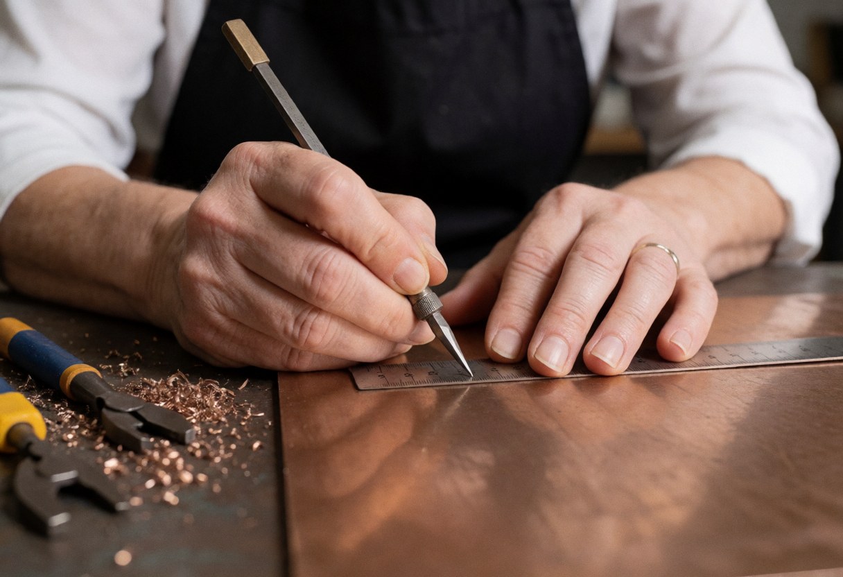 Close-up of an adult hand using a scribe and ruler to mark a copper sheet, with metal shavings and tools on a workbench