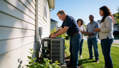 Technician checking air conditioner while family watches nearby in front of house with lawn and blue sky