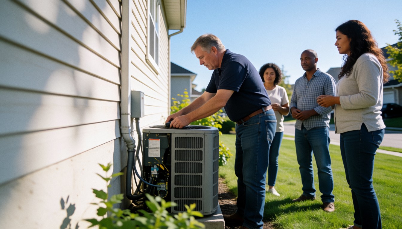 Technician checking air conditioner while family watches nearby in front of house with lawn and blue sky