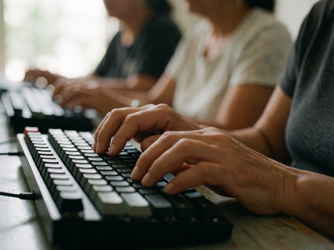 Close-up of adult hands typing quickly on a mechanical keyboard with natural light and blurred background in a modern workspace