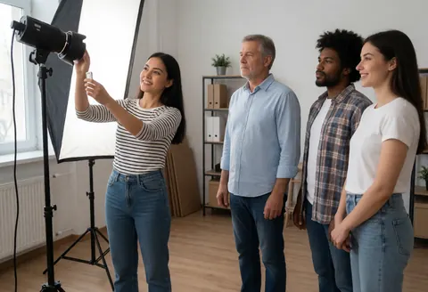 A young photographer adjusts a studio light while three clients wait patiently nearby in a professional setting.