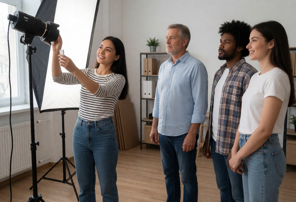 A young photographer adjusts a studio light while three clients wait patiently nearby in a professional setting.