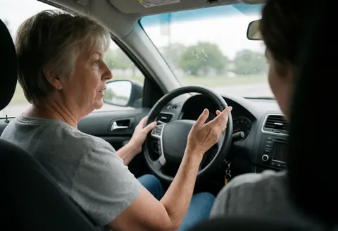 An older woman instructs a student on driving, with the steering wheel and dashboard visible on a cloudy day