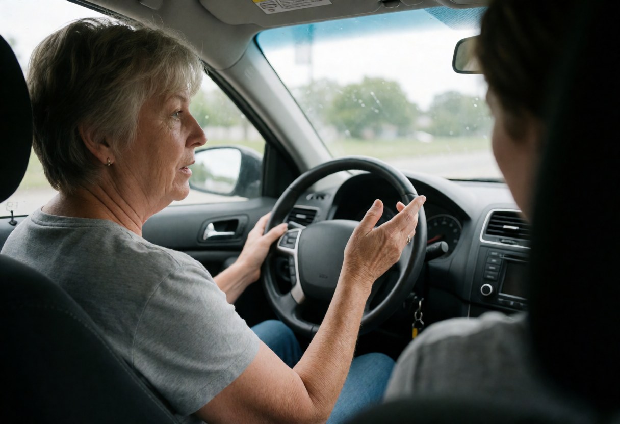 An older woman instructs a student on driving, with the steering wheel and dashboard visible on a cloudy day