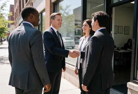 Four professionals in suits shake hands outside an office building on a sunny day, conveying a professional atmosphere.