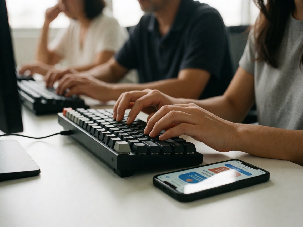 Close-up of hands typing on a mechanical keyboard with a smartphone displaying a marketing app in a modern office setting