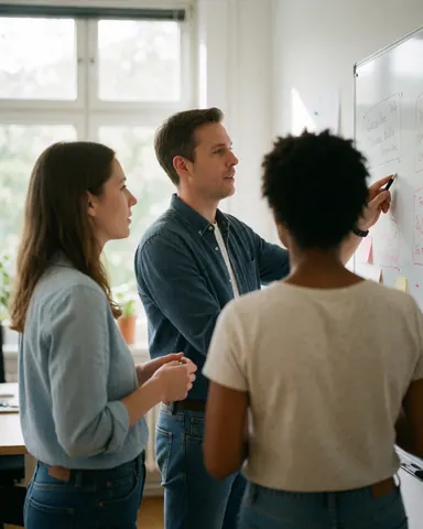 Three people in a modern office setting, with one writing on a whiteboard while others observe and listen in a collaborative atmosphere.