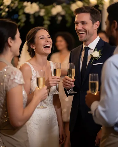 Smiling newlyweds holding champagne glasses at a wedding reception with warm lighting and festive elegant decor