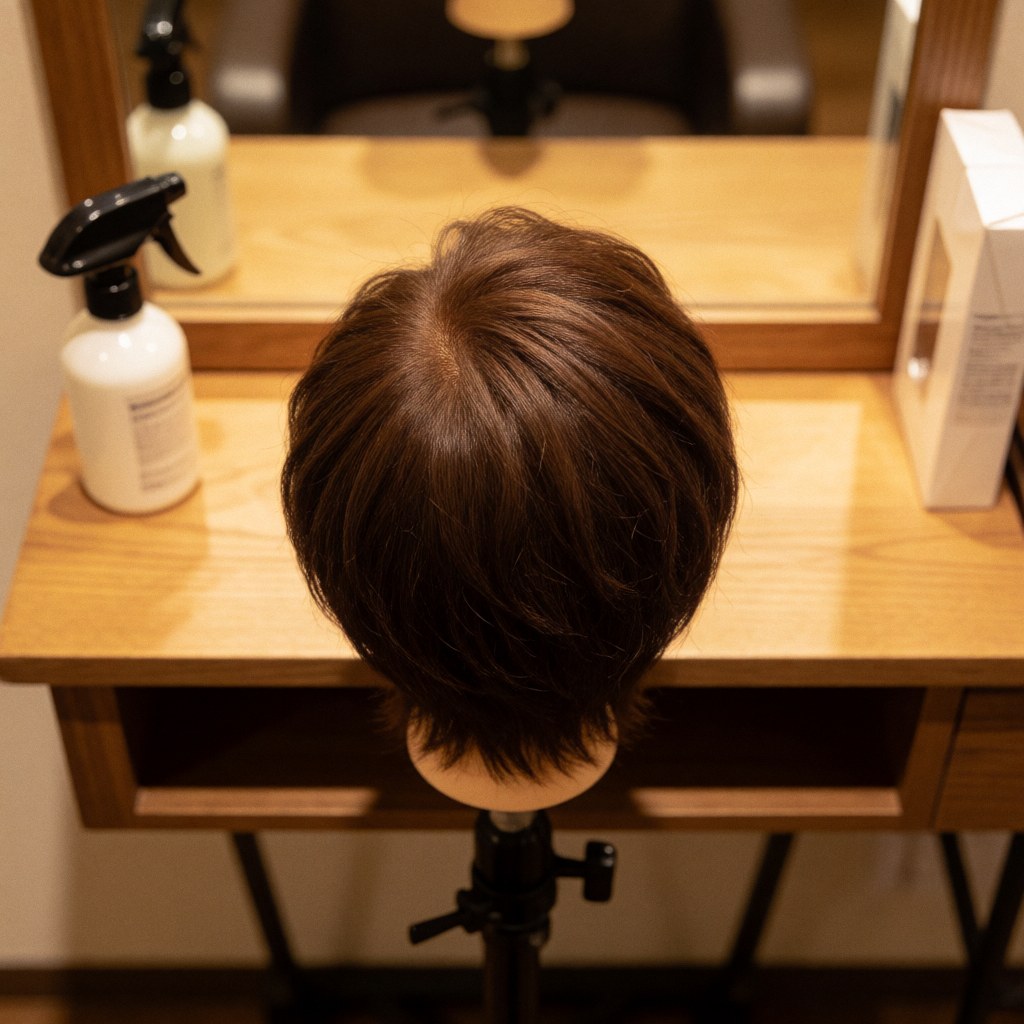 Short styled hair on a mannequin head placed on a salon station with hairspray and mirror in the background under warm professional lighting