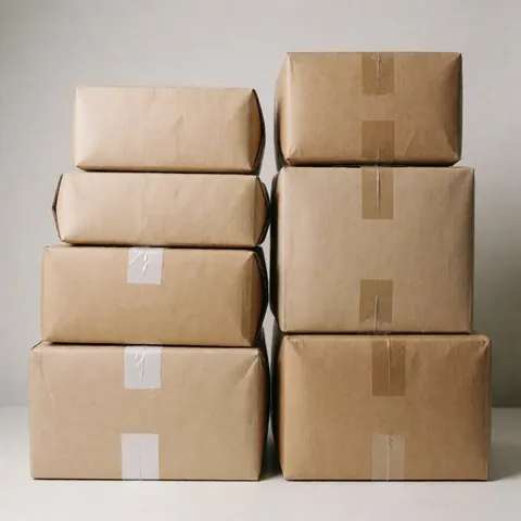 Stacks of brown kraft paper shipping boxes prepared for dispatch in a warehouse setting with neutral background