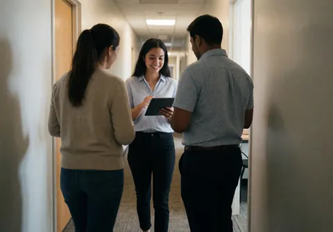 Three smiling people walking down an office corridor, one holding a tablet, in a professional setting with natural light.