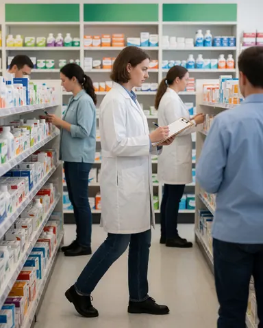 Female pharmacist in white coat reviewing inventory on shelves with clipboard while colleagues work in background