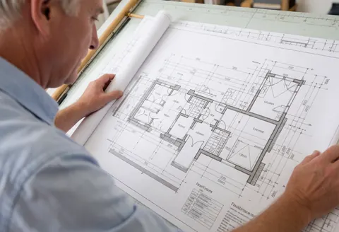 An architect examines construction plans on a drafting table with visible technical details and professional tools.