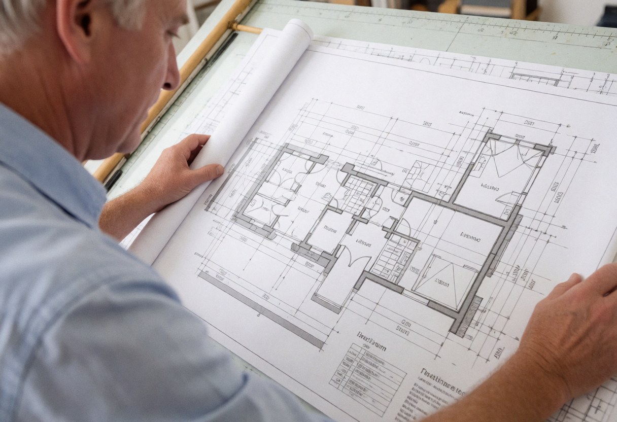 An architect examines construction plans on a drafting table with visible technical details and professional tools.