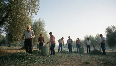 Team of workers collecting olives in an olive grove with soft morning light and empty space on the right for text