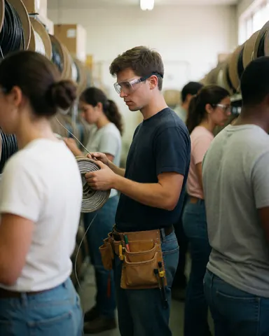 A young technician wearing safety glasses and a tool belt handles a cable roll in a hardware store warehouse with other workers nearby.