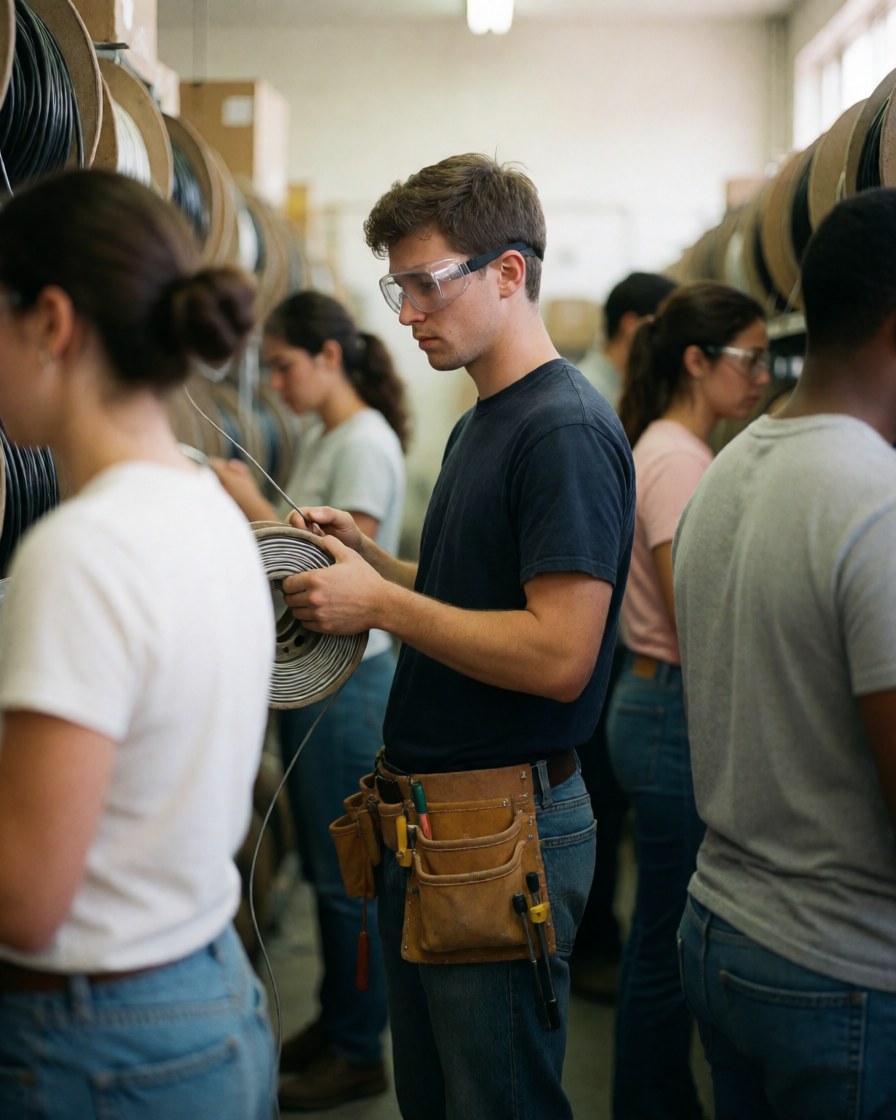 A young technician wearing safety glasses and a tool belt handles a cable roll in a hardware store warehouse with other workers nearby.