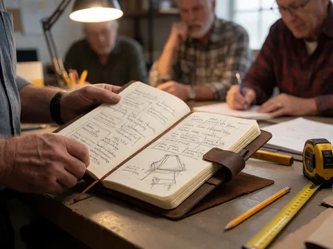 Open field notebook with handwritten notes and drawings, accompanied by a pencil, ruler, and measuring tape on a work table with people in the background.