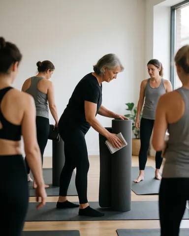 A woman in black clothing cleans a rolled yoga mat inside a modern studio with other people in the background.