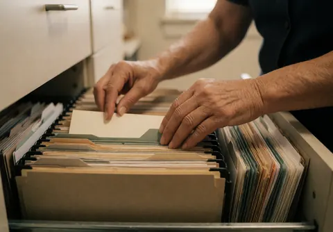 Close-up of hands sorting and arranging hanging file folders in a metal office filing cabinet for professional document management