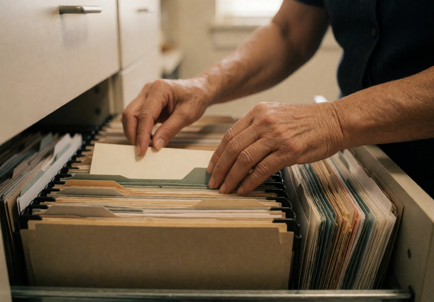 Close-up of hands sorting and arranging hanging file folders in a metal office filing cabinet for professional document management