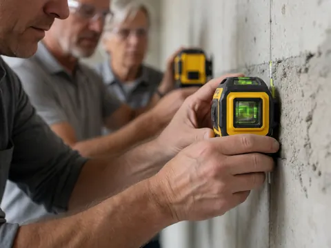 Close-up of worker hands holding a yellow laser level against a concrete wall with other professionals visible in the background for construction precision