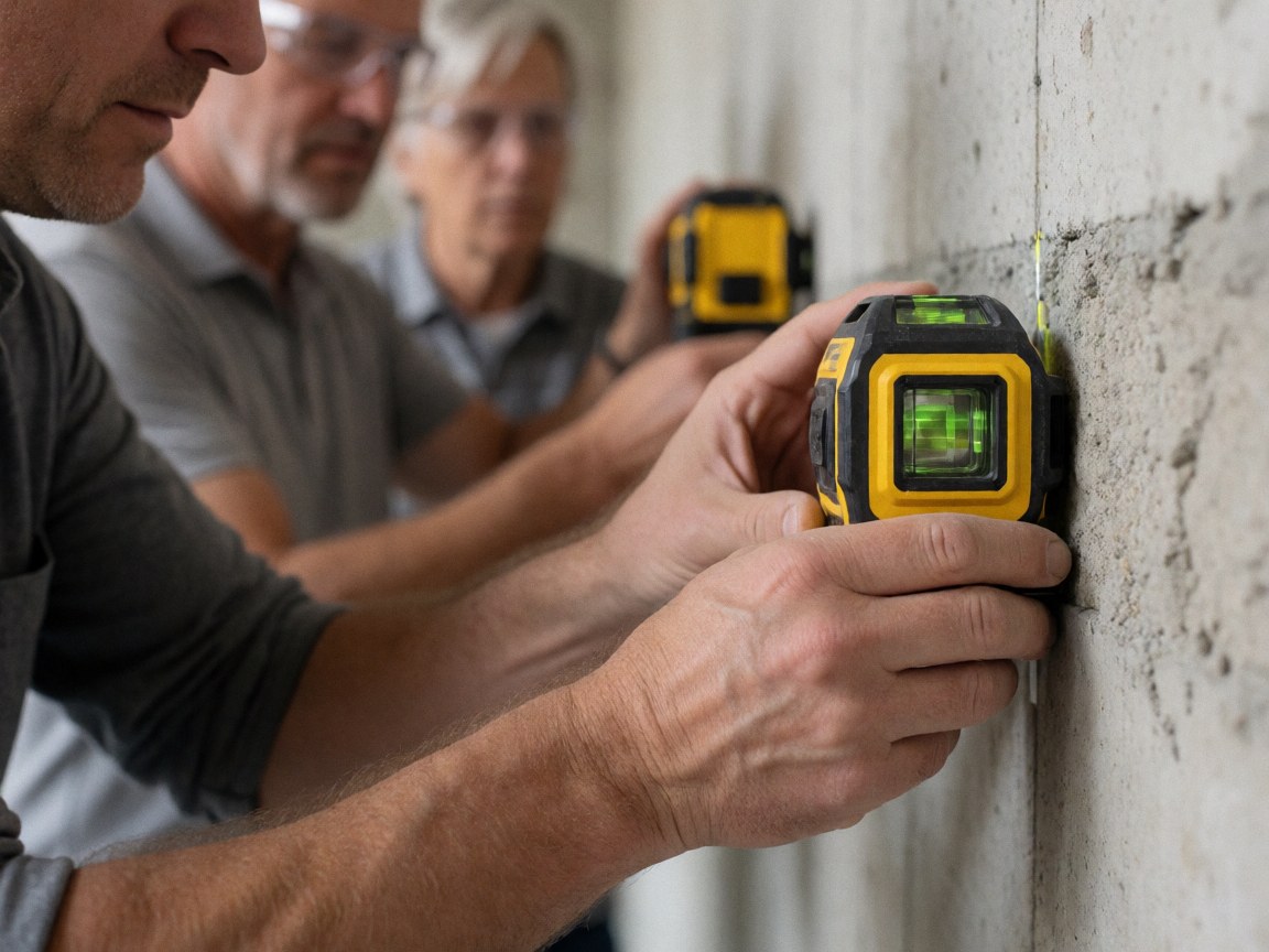 Close-up of worker hands holding a yellow laser level against a concrete wall with other professionals visible in the background for construction precision