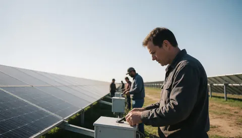 Workers checking equipment at a large solar facility under a clear sky with photovoltaic panels in the background