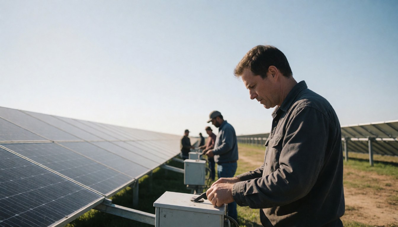 Workers checking equipment at a large solar facility under a clear sky with photovoltaic panels in the background
