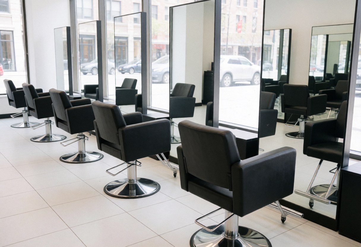 Empty modern hair salon interior featuring black styling chairs, large mirrors, white tiled floors, and natural light from windows