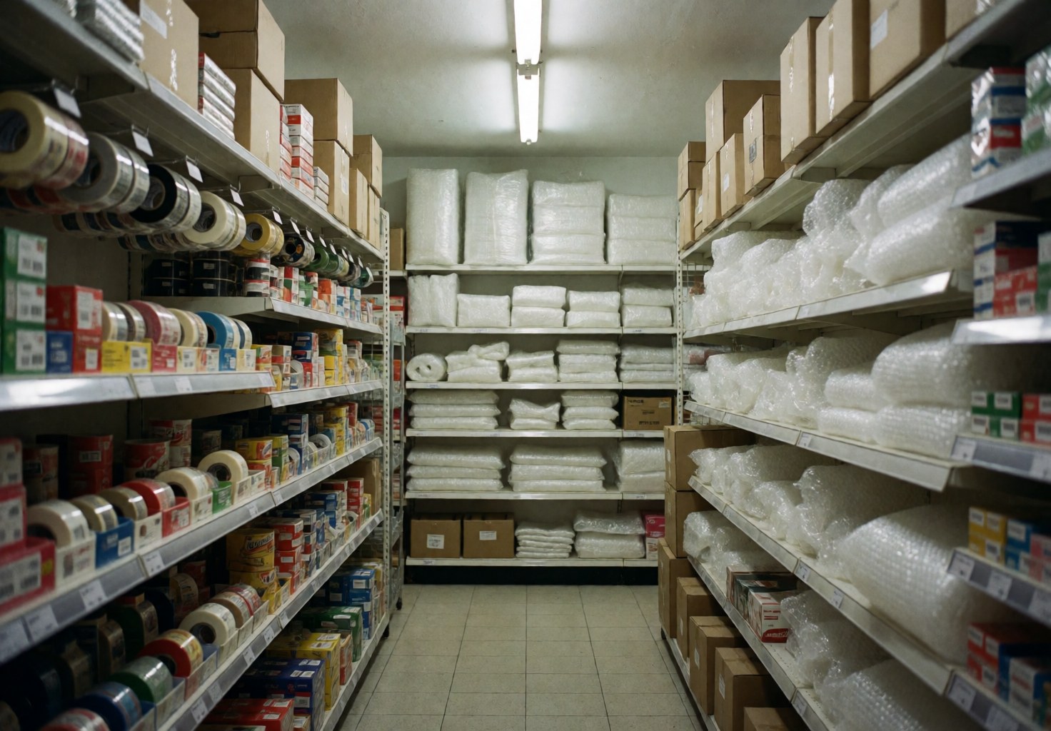 A tiled hallway in a moving business filled with shelves of packing tape, bubble wrap, and boxes under fluorescent lighting.