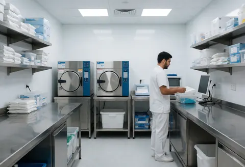 Interior of a clinical lab featuring sterilizers, medical shelves, and a professional reviewing samples on a stainless steel table