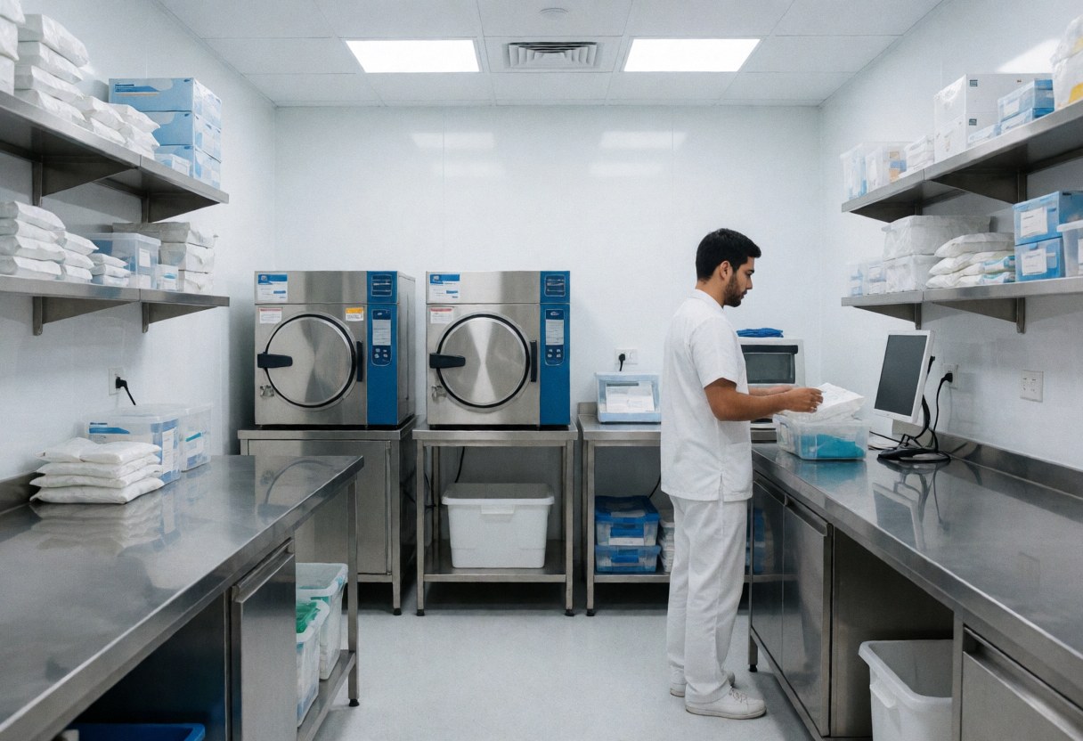 Interior of a clinical lab featuring sterilizers, medical shelves, and a professional reviewing samples on a stainless steel table
