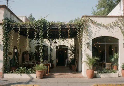 Outdoor event space with white walls, plants, tables, chairs, and hanging lights