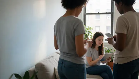 A young woman sitting on a sofa using a tablet with two people standing nearby in a sunlit room with plants