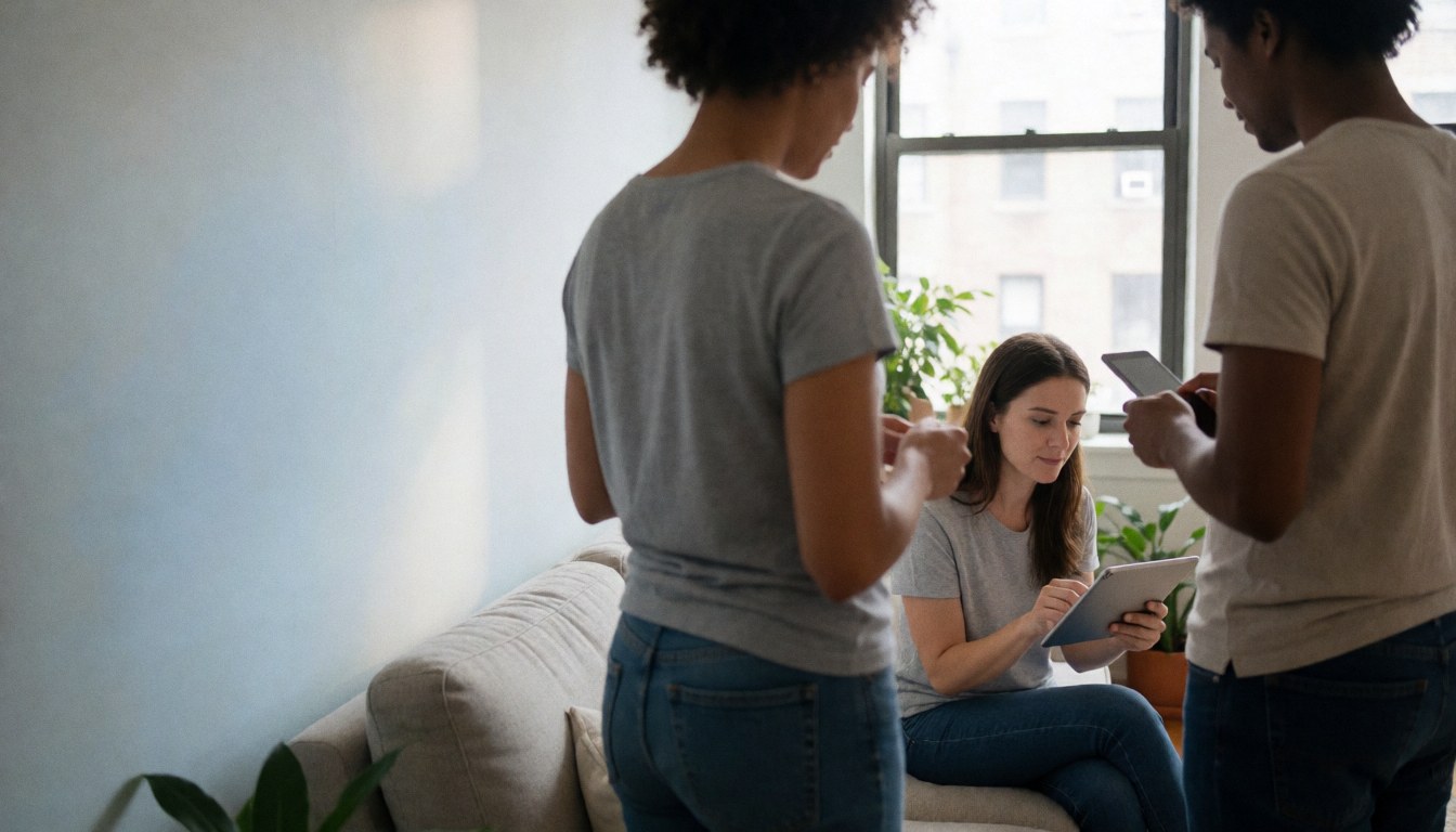 A young woman sitting on a sofa using a tablet with two people standing nearby in a sunlit room with plants