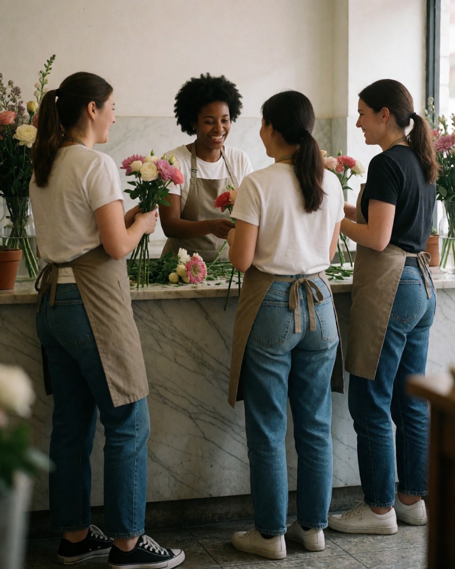 Four women working in a flower shop arranging blooms on a marble counter with smiles