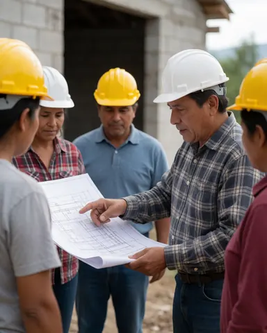 Group of construction workers wearing hard hats and reviewing blueprints together at a job site