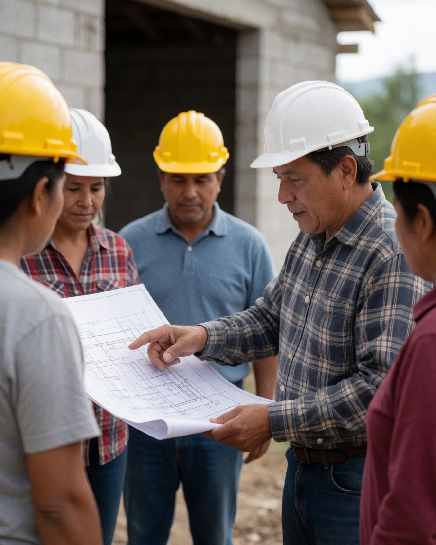 Group of construction workers wearing hard hats and reviewing blueprints together at a job site