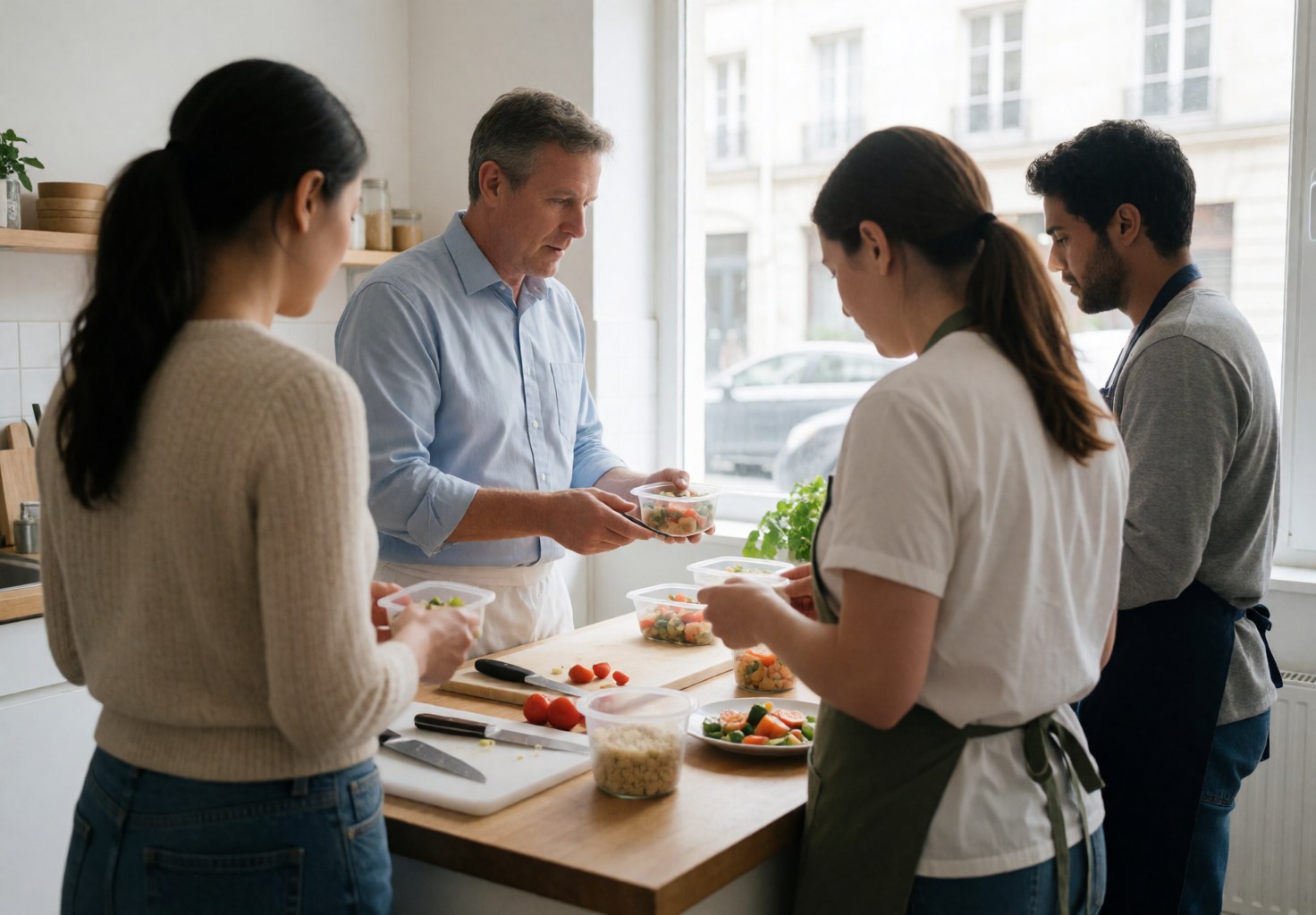 A nutritionist explains healthy food portions to clients in a modern kitchen while working with fresh vegetables and food containers.