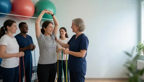 A physical therapist assists a woman in stretching her arms using elastic bands while other patients observe in a bright clinical setting with exercise balls nearby