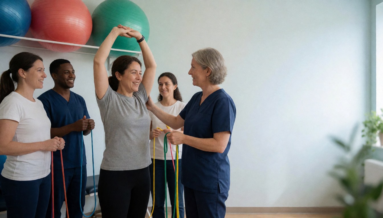 A physical therapist assists a woman in stretching her arms using elastic bands while other patients observe in a bright clinical setting with exercise balls nearby