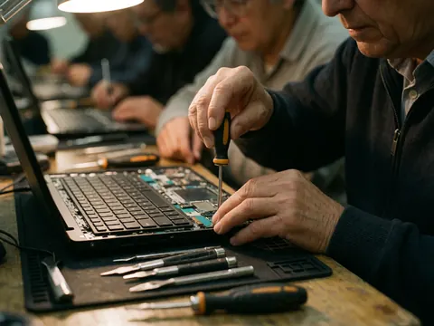 Close-up of a technician using a screwdriver to repair an open laptop on an anti-static mat with warm lighting