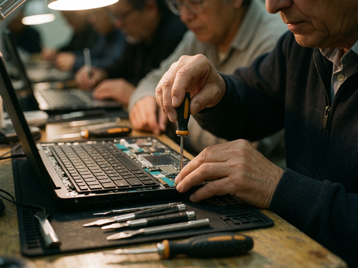 Close-up of a technician using a screwdriver to repair an open laptop on an anti-static mat with warm lighting